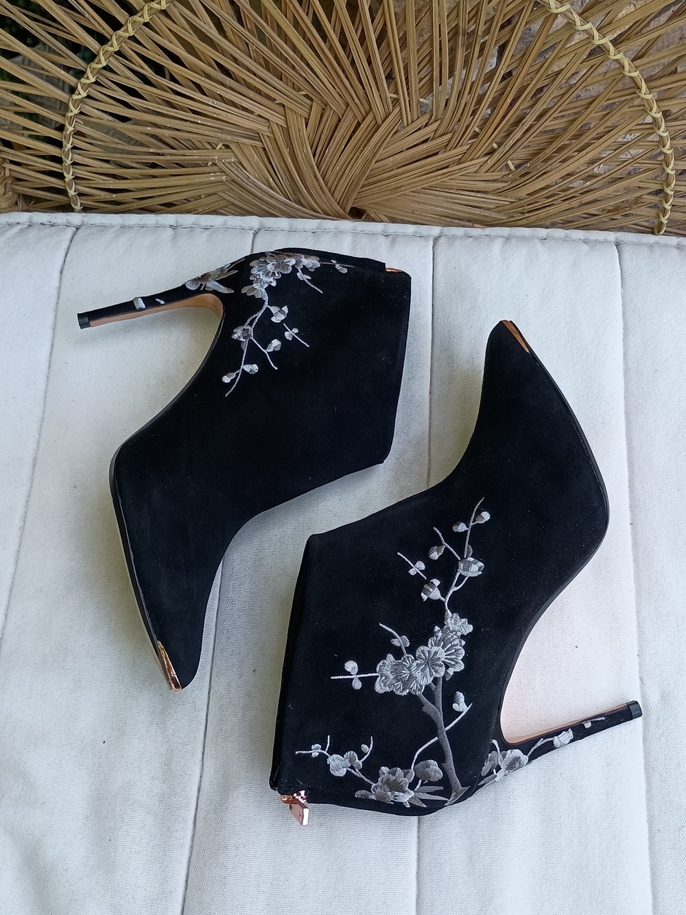 Ted Baker Black Suede Floral Embroidered Ankle Booties_40.5